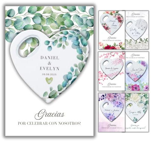 Recuerdo de boda personalizado, Favor de ducha nupcial para la invitada, Recuerdos de boda y abretarjetas con imán de agradecimiento (Pack de 30) (Abrebotellas + Tarjeta de Agradecimiento)