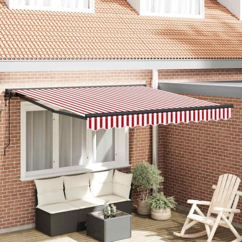 Einziehbare Markise Rot und Weiß 300x250 cm, Polyester Metall, Sonnenschutz Terrasse, UV-beständig, wetterfest, manuelle Bedienung, für Garten und Balkon
