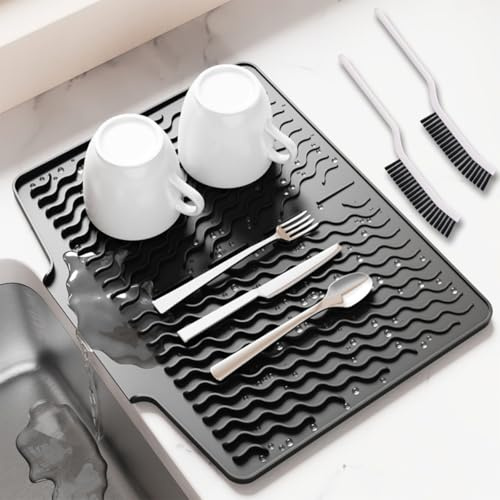 LUXHEIM Abtropfmatte Geschirr Silikon Abtropfmatte Spüle mit 2 Bürsten | Rutschfeste Hitzebeständige Auslaufsicherer, Faltbare Abtropfmatte mit Rillenstruktur für Küchenarbeitsplatten, 40×33cm