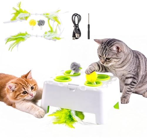 M.J COMFY-LIFE Rechargeable Automatic Cat Toy, Silent Interactive Feather Mice for Indoor Cats, Hide & Seek Mice Catching Game with 3 Modes – Smart Rest Function, USB-C Charging – Birthday