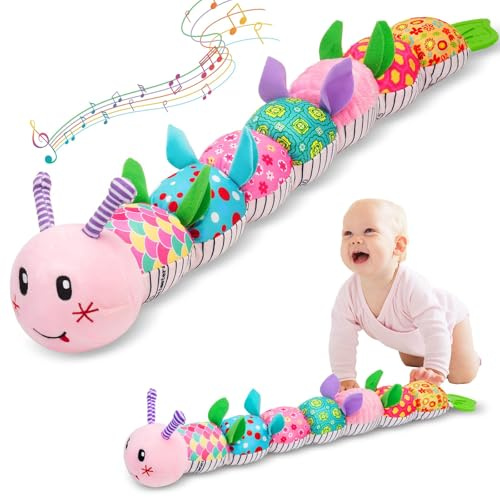 Felly Jouet Bebe 0-3-6-9-12 Mois, Jouets Peluche Chenille Musicale, Jeux Bébé Eveil avec Hochet et Règle et Crinkle Textures, Jouet Sensoriels Montessori, Cadeau Noël pour Fille Garcon Naissance