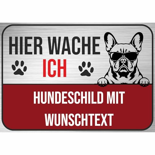 Nomiro - Schilder selbst gestalten ab DIN A6 - French Bulldog - Hundeschild mit Wunschtext und Hund, personalisiertes Warnschild aus 3 mm Aluverbundplatte für Zaun, Gartentor, Haustür und Einfahrt