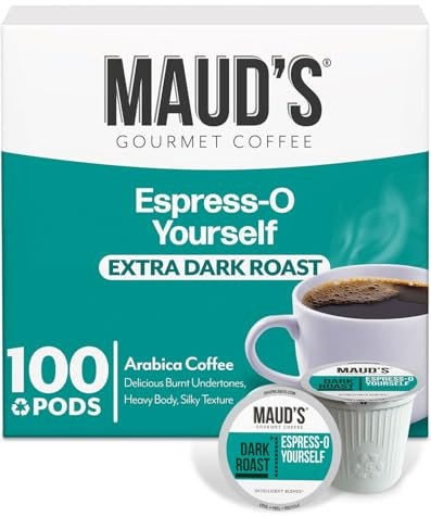 Maud's Espresso Dark Roast Coffee Pods, 100 ct | Espress-O Yourself Coffee | 100% Arabica Dark Roast Coffee | Solar Energy Produced Recyclable Pods Compatible with Keurig K Cups Maker