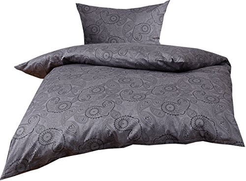 Mako Satin Damast Paisley Bettwäsche Garnitur Davos 155x220 + 80x80 schwarz - grau
