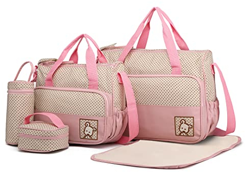 Miss Lulu 5er-Set Baby Wickeltasche Babytasche Tasche Mutter Windeltasche Handtasche Schultertasche Flaschenhalter mit wickelunterlage (Pink)