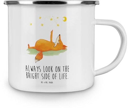 Mr. & Mrs. Panda Camping Emaille Tasse Fuchs Sterne - Geschenk, Spruch positiv, Blechtassen, Mond, Träumer, Tasse Camping, Blechtasse Outdoor,