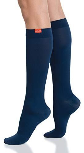 VIM & VIGR Moisture Wick Nylon 15-20 mmHg Compression Socks for Women & Men (Navy, S/M Wide Calf)