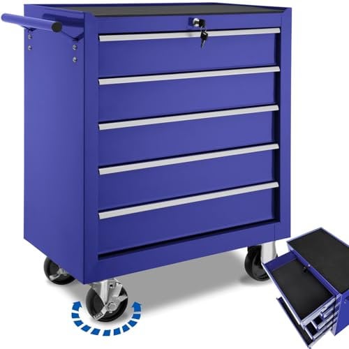 tectake® Chariot d'atelier Metallique Servante d'atelier Vide Trolley Professionnel 5 Tiroirs spacieux Verrouillables Chariot a Roulette pour Rangement Atelier Garage - Bleu