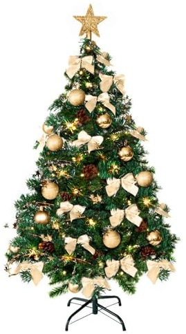 Weihnachtsbaum künstlich (WBD) 120 cm grün mit Weihnachtsdeko Gold und Led Lichterkette mit Batteriebox und Fernbedienung künstlicher Christbaum klein Tannenbaum