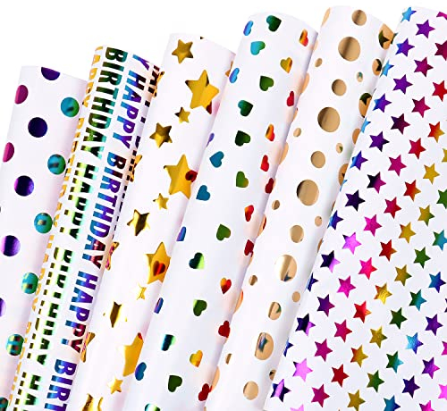 Geschenkpapier Geburtstag, 6 Stück Bunte Folie Geschenkpapier Mädchen, Regenbogen Glitzernde Geschenkpapier Geschenkverpackung Papier für Geburtstag Weihnachten Valentinstag Alle Anlässe, 50CM x 70CM