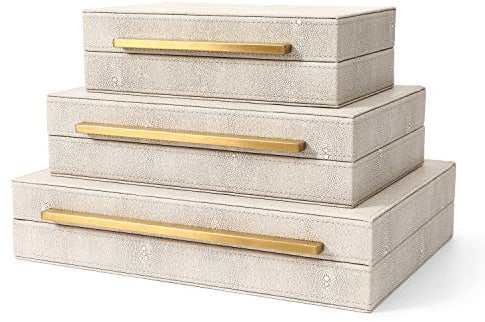 BAALTTO RUNYAO Kingflux Faux Ivory Shagreen Leather Set of 3 Pcs Decorative Boxes, Storage Boxes Jewelry Organizer, Men's Accessory Organizer (Ivory)
