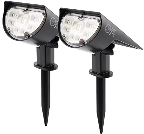 Solarlampen für außen, LED Solarstrahler Außen mit Erdspieß, 2 Helligkeitsstufe solar gartenleuchte, 18 LEDs 6000K IP65 Wasserdichte Wandleuchte Pflanzenstrahler für Patio Pfad Hof Garten (2er Pack)
