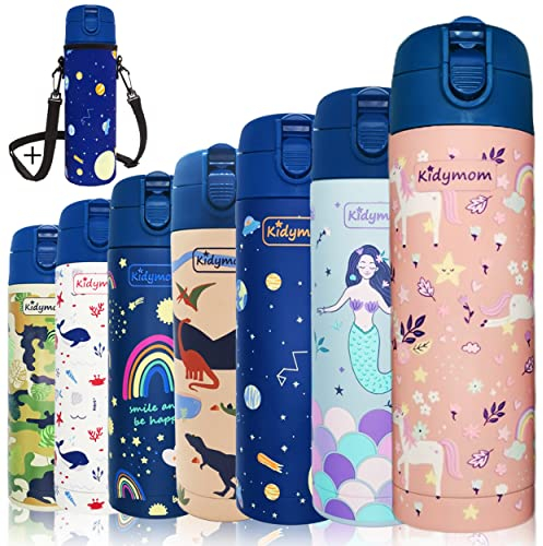 KIDYMOM [Gourde Isotherme Enfant En Inox Anti Fuite 350ml + Sac Transport Personnalisable, Gourdes Sans BPA Double Paroi Bec Verseur Hygiénique, Fille Garcon (Dinosaure)