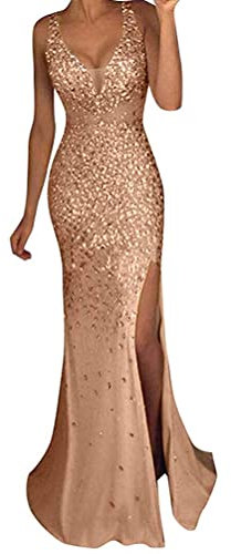 Minetom Femme Élégante Col V Robe à Paillettes sans Manches Longue Maxi Robe de Soirée Mariage Cocktail Demoiselle d'honneur A Or L