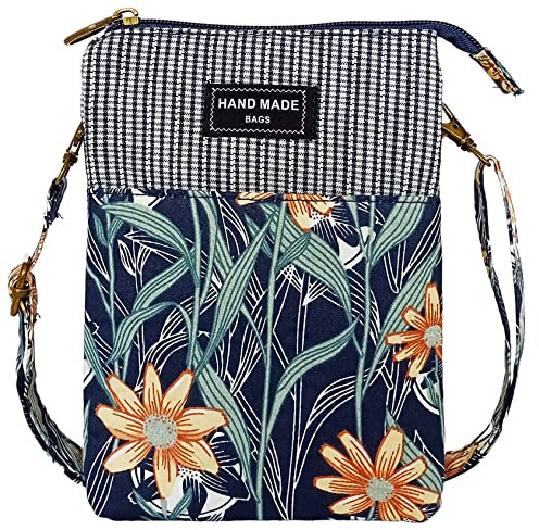 LassZone Canvas Crossbody Phone Bag for Women Girls Small Cross Body Bag Mini Shoulder Hanndbags 5 Layers Coin Purse Wallet with Floral Pattern (Blue)