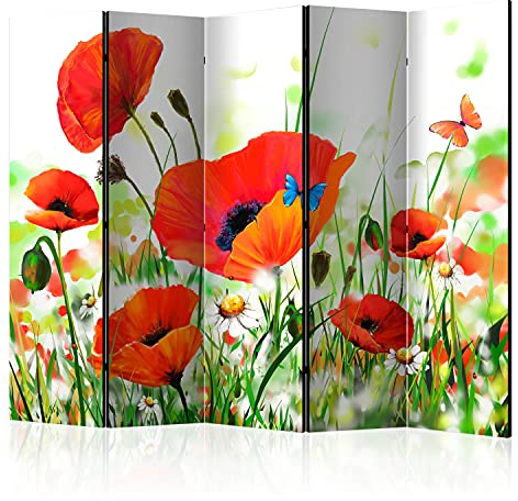 murando Raumteiler Foto Paravent Mohnblumen 225x172 cm beidseitig auf Vlies-Leinwand Bedruckt Trennwand Spanische Wand Sichtschutz Raumtrenner Design Blumen Wiese Natur Botanik Aquarell b-C-0438-z-c