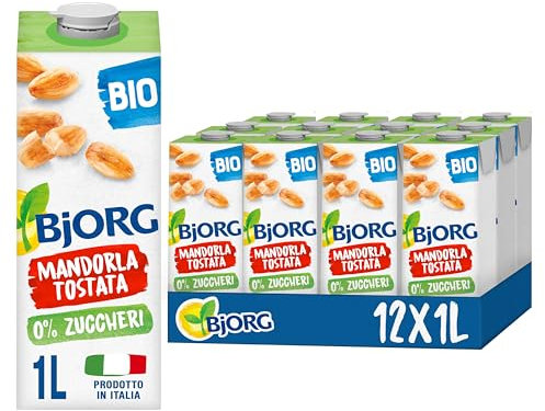 BJORG Bevanda di Mandorla Tostata Biologica 0% Zuccheri, Bevanda Vegetale a Basso Contenuto di Grassi, Ottimale per Tè e Cappuccino, Senza Glutine, Vegan, Prodotto in Italia, 12 Confezioni da 1 L