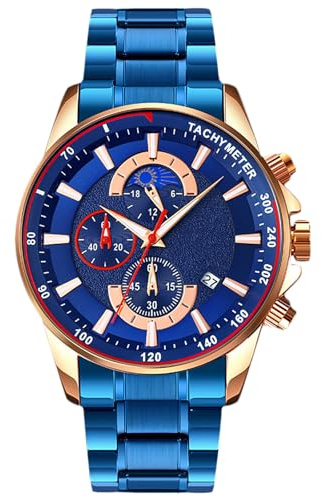 RORIOS Herren-Armbanduhr, wasserdicht, Analog, Quarz, Uhren mit Edelstahl, Chronograph, Multifunktionsuhren für Männer, Roségold, Blau, Armband