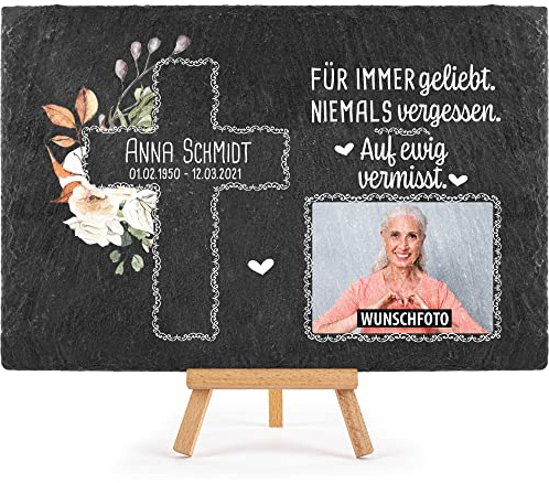 Schieferplatte selbst gestalten - Gedenktafel mit Foto, Name & Datum bedrucken - Für immer geliebt - Grabtafel, Grabschmuck - Schiefertafel mit Staffelei, 20x30 cm I Personalisierte Erinnerung