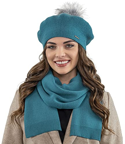 VIVISENCE Elegantes Damen Winter Set Aus Baskenmütze Mit Bommel Und Schal Aus Warmem Garn Mit Wollzusatz Perfekte Für Elegante Und Sportliche Outfits Ideal Für Kalte Wintertage, Türkis,Einheitsgröße