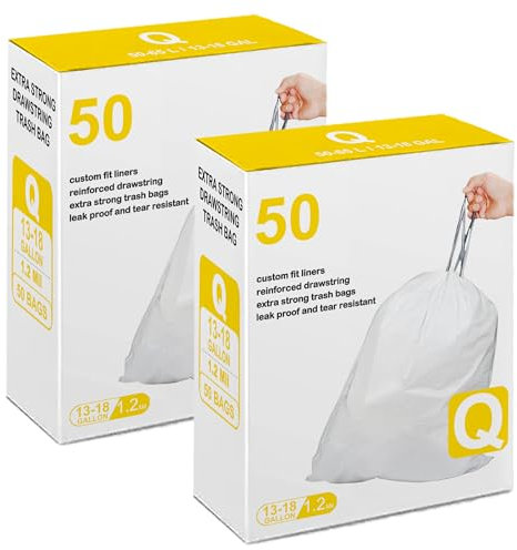 Code Q 50 Count 2 Pack Drawstring Trash Bags Compatible with simplehuman Code Q | 1.2 Mil | White Garbage Can Liners 13-17 Gallon / 40-65 Liter Heavy Duty Plastic Trash Bags