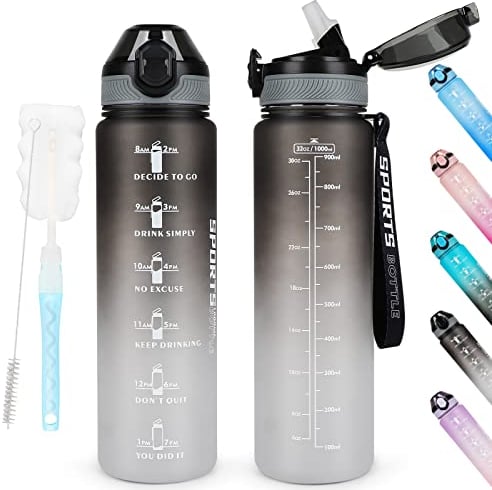 AOHAN Trinkflasche 1L BPA-frei Sport Wasserflaschen mit Stroh, Spülmaschinensichere Verschlussdeckel Auslaufsichere Motivierende Sportflasche mit Zeitmarkierungen für Sport