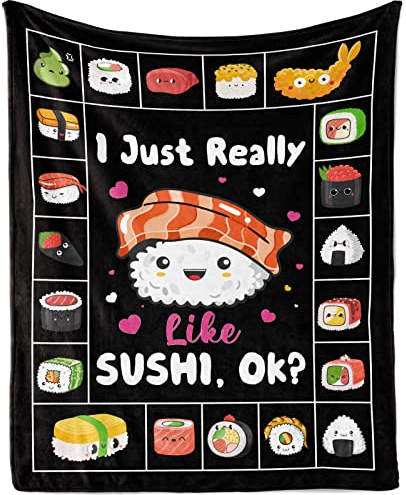 Sushi-Decke, Cartoon-Sushi-Lebensmittel, Flanell-Fleecedecke für Kinder, I Just Really Like Sushi-Überwurf, Decke, weich, gemütlich, leicht, niedlich, Geschenk für Sushi-Liebhaber, 100x130 cm
