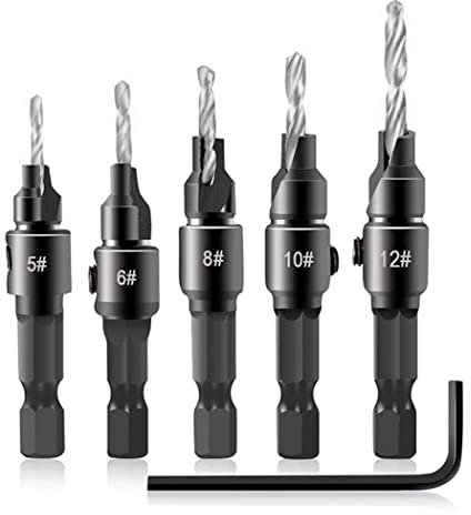 Countersink Drill Bit Set, 5Pcs Quick Change 1/4 Hex Shank Adjustable Countersink Set, 5pcs Free Replaceable Drill Bits with One Hex Wrench, Woodworking Countersink Drill Bits (Hexagon)