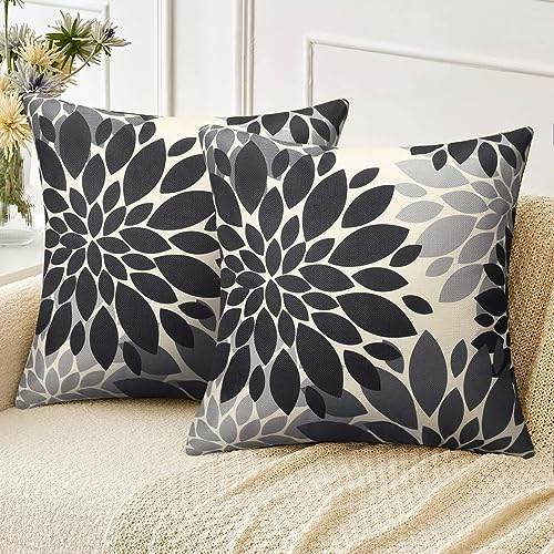 Velvhom Kissenbezug 40x40 cm Sofakissen Herbst Moderne Abstrakte Dahlie Blumen Schwarz und Grau Leinen Kissenhülle Zierkissen Modern Deko Kissen Bezug für Wohnzimmer Kinder Büro, 2er Set