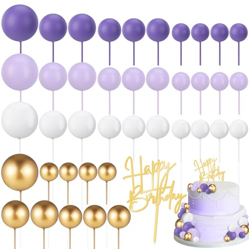 Vyuwast 41Pcs Mini Cake Balls Cake Topper Decoration Mini Balloons Cupcake Toppers Foam Balls Pearl Balls with Happy Birthday Cake Decorating Kits for Birthday Baby Shower Wedding Party(Purple)