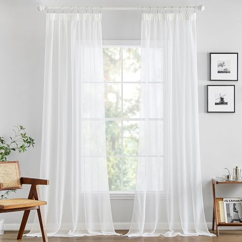 MIULEE Gardinen Vorhänge mit Kräuselband Vorhang Transparente Gardine aus Einfarbig Transparent Sheer Voile Wohnzimmer Luftig Dekoschal für Schlafzimmer 2er Set 225 x 140cm (H x B) Weiß