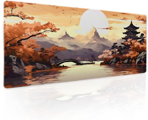 Orangefarbenes japanisches Sakura Gaming-Mauspad, XL, gelbe Kirschblüte, ästhetisch, große Schreibtischunterlage, rutschfeste Gummiunterseite, genähte Kanten, lange Schreibtischunterlage für