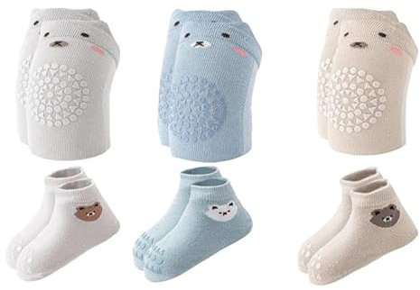 6 Paar Baby Knieschoner und Anti-Rutsch Socken aus Baumwolle mit Noppen für Sicheren Halt - Krabbelhilfe zum Krabbeln (M 1-3 Jahre)
