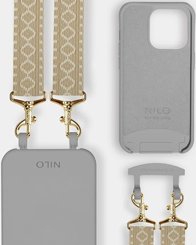 NILO® Set | Handyhülle mit Band, Handyband Beige Berry mit grauer Handyhülle für IPhone 14 Pro | hochwertige Handykette, verstellbar, mit Karabiner Gold