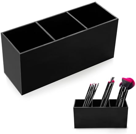 SJDOFU Kosmetik Organizer, Schminkpinsel Behälter, Kosmetik Pinselhalter mit 3 Fächer, Acryl Schminkpinsel Behälter Kosmetikpinsel für Pinsel Eyeliner Lippenstift Bürsten(Schwarz)