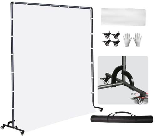 FEIFANTEAM 7 x 6,5ft beweglicher weißer Hintergrundständer mit Räder, weißer Bildschirm-Fotohintergrundstoff, verwendet für Studiofotografie, Partybühne, Produktporträtfotografie, Live-Übertragung