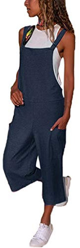 Salopette da donna casual sciolto senza maniche collo quadrato bretelle tute eleganti classiche tinta unita cotone lino gamba larga pantaloni tutina 2 tasche pagliaccetto, #001-Blu scuro, M