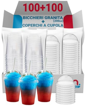 G.M. DISTRIBUZIONE 100 Bicchieri Granita in PS da 200ml+ 100 Coperchi A Cupola in PS, Bicchieri e Coperchi Usa e Getta Trasparenti, Bicchiere Monouso Alta Qualità per Bar e Gelaterie.