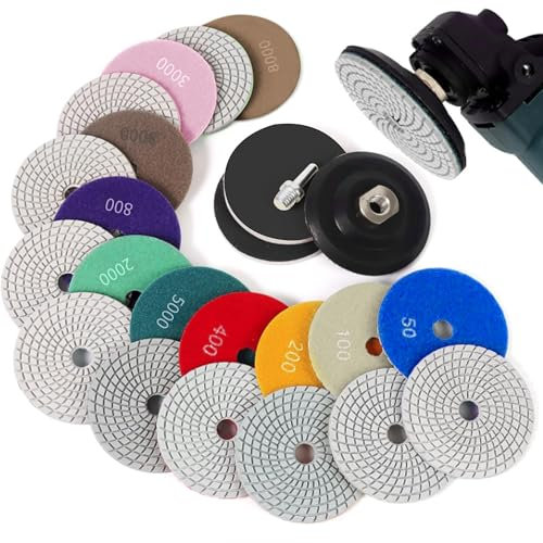14 Pcs Disques de Polissage Diamantés: Disque Ponçage Carrelage Humides/Secs de 100 mm Kit de Polissage de Marbre avec Support en Caoutchouc M14 pour Béton Granit Pierre Marbre (50# - 8000#)