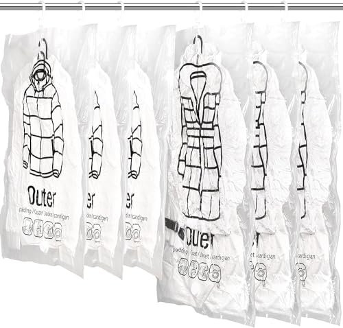 6Pack Hanging Vacuum Storage Bag Reusable Space Saver Compressed Bag with Hangers.3pcs in 26.3x35.4inch(67x90cm) and 3pcs in 26.3x43.3inch (67x110cm)