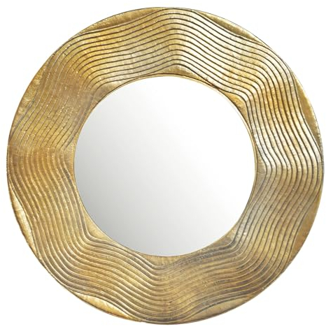 FineBuy Wandspiegel 74 cm Metall Design Hängespiegel Gold, Aluminium Dekospiegel Rund mit Rahmen Wellenmuster, Spiegel Wand Groß, Flurspiegel Garderobenspiegel Modern