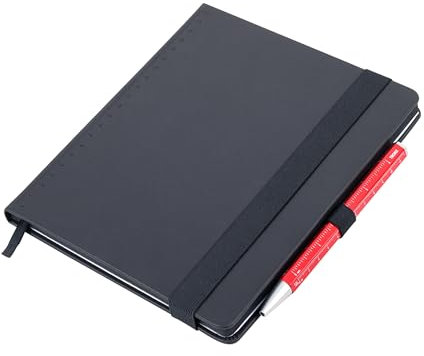 TROIKA Notizblock schwarz DIN A5 BLACK SLIMPAD inkl. Kugelschreiber rot, Elastikband-Verschluss, Punktraster, Stiftschlaufe, Lesezeichen, FSC zert. Papier, eingefärbte Seitenränder, Kunstleder