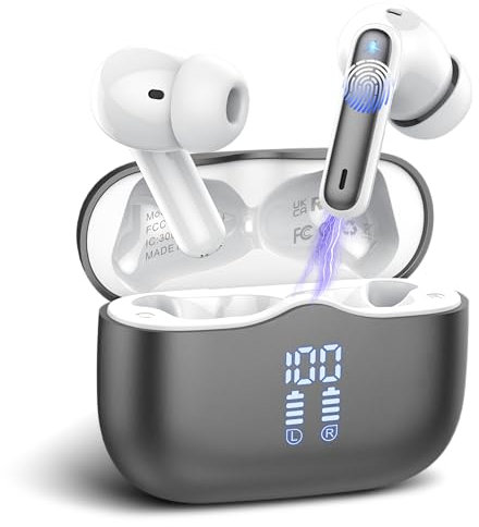 buwy Bluetooth Headphones, Wireless Bluetooth 5.3 In-Ear Headphones with 4 ENC Mic, 40H HiFi Stereo Bass Sound Wireless Headphones Noise Cancelling Earbuds IP7 Waterproof Earphones USB-C LED Display