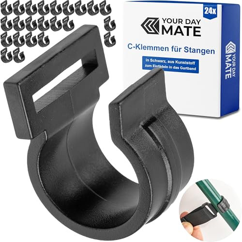 C-Klemmen für Innenzelt Stangen, 24 Stück, Schwarz, Kunststoff, für bis Ø 22 mm Stangen und 25 mm breites Gurtband, Haken Clip für Outdoor Zelt, Vorzelt, Markise, Plane, Stangenclip, Befestigungshaken