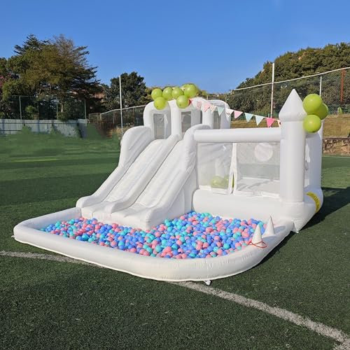 Castillo de rebote blanco Oxford de 12.5 pies con dos toboganes, casa inflable para niños con grandes pozos de bolas, adecuado para fiestas de cumpleaños, decoraciones de vacaciones y fotografía