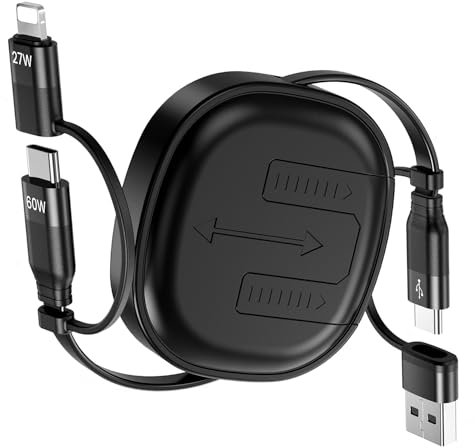 Minlu 5 en 1 Retráctil Cable Carga Multiple, 60W Cable USB Carga Rapida, Retráctil Lightning Cable Cargador, USB-C/A a Lightning/USB C Cable de Carga Rápida para IP,iPad,Galaxy,Ps4/5,Tablets