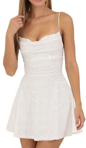 Damen-Minikleid mit Glitzer-Pailletten, Spaghettiträger, rückenfrei, A-Linie, Cami-Kleid, ärmellos, glitzernd, Party, Clubwear, Weiß A, S