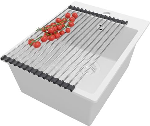 PRIMAGRAN Fregadero Cocina Todo Blanco 38x50cm, Granito 1 Seno + Sifón + Enrollable Escurridor, Sobre encimera al mueble 40cm - Riga