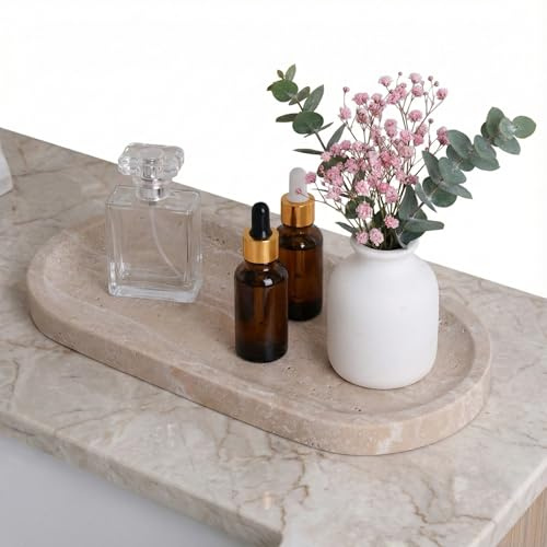CasaCouture Travertine Schminktisch für Badezimmer-Theke, 25,4 x 12,7 cm, natürliches Marmor-Tablett, handpoliert, Parfüm-Organizer mit rutschfester Unterseite, Kerzen, Schmuckschale aus Stein