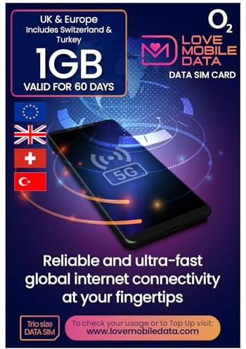 O2 Data SIM Card – Love Mobile Data International multi-network 4G/5G Prepaid Pay As You Go for Mobile Phones, WiFi Routers, & More - UK, Europe, Switzerland & Turkey Coverage, 1GB for 60 Days